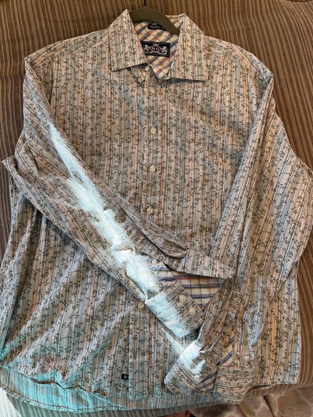 Robert Graham Cream and Blue Striped Floral Dress Shirt